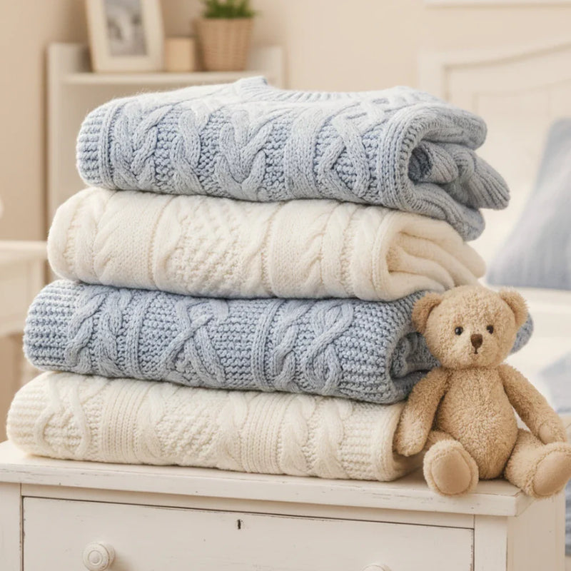 Parfum adoucissant représenté par pile de linge propre et ourson