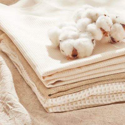 Parfum fleur de coton représenté par des fleurs de coton sur du linge en lin