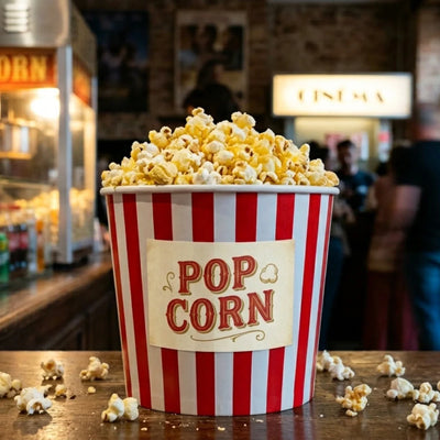 Parfum Pop corn représenté par une cornet blanc et rouge de pop corn dans un cinéma