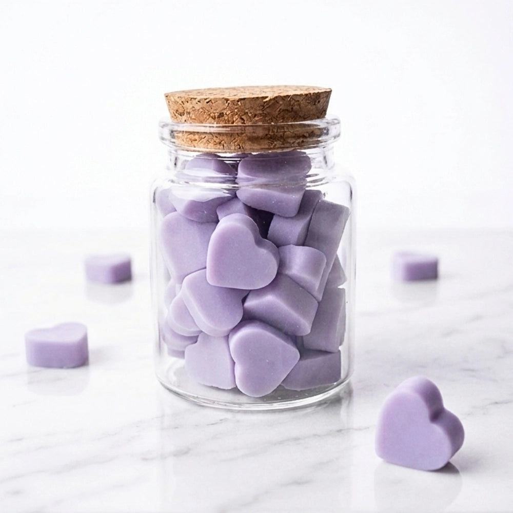 Minis fondants parfumés coeurs couleur violet, cire de soja, parfums de grasse, made in france, carcassonne