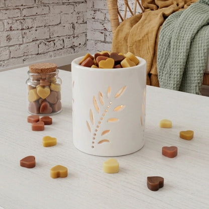 Minis fondants parfumés coeurs couleur jaune caramel et marron, avec un brûle parfum , cire de soja, parfums de grasse, made in france, carcassonne