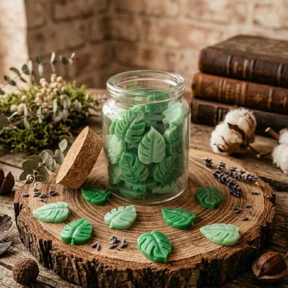 Pot de minis fondants en forme de feuille de monstera dans un décor ésotérique de fleurs séchées et grimoires