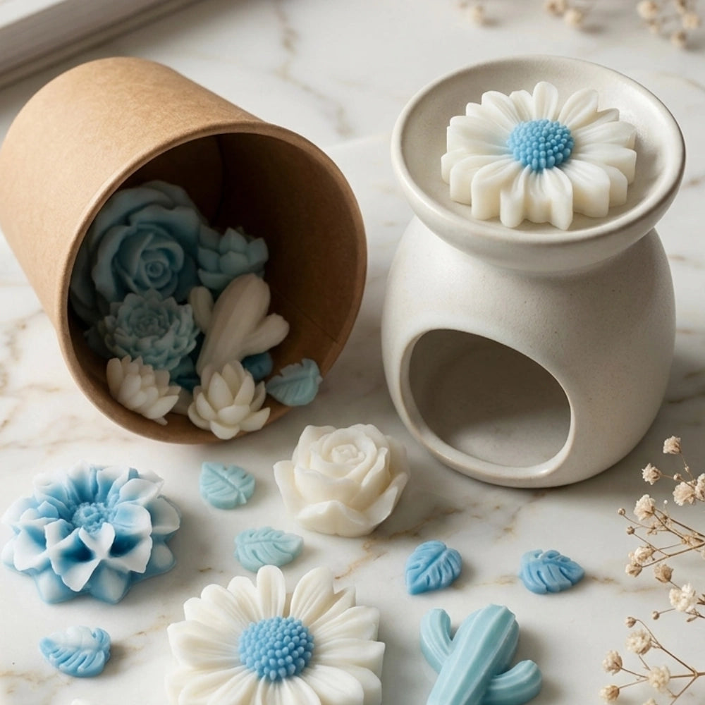 Box fondants flora thème fleurs bleu blanc avec brûle parfum