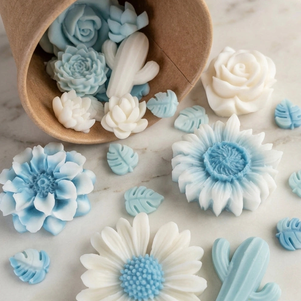 Box fondants flora thème fleurs bleu et blanc