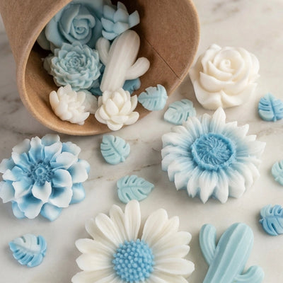 Box fondants flora thème fleurs bleu et blanc