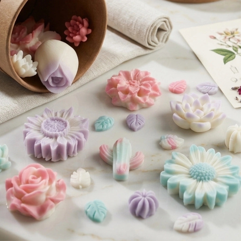Box fondants flora thème fleurs bleu blanc rose et violet