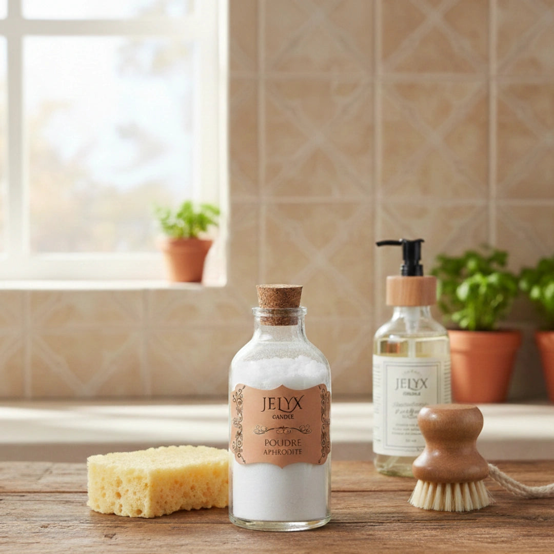 Poudre d'aspirateur parfumée en fiole et produits ménagers