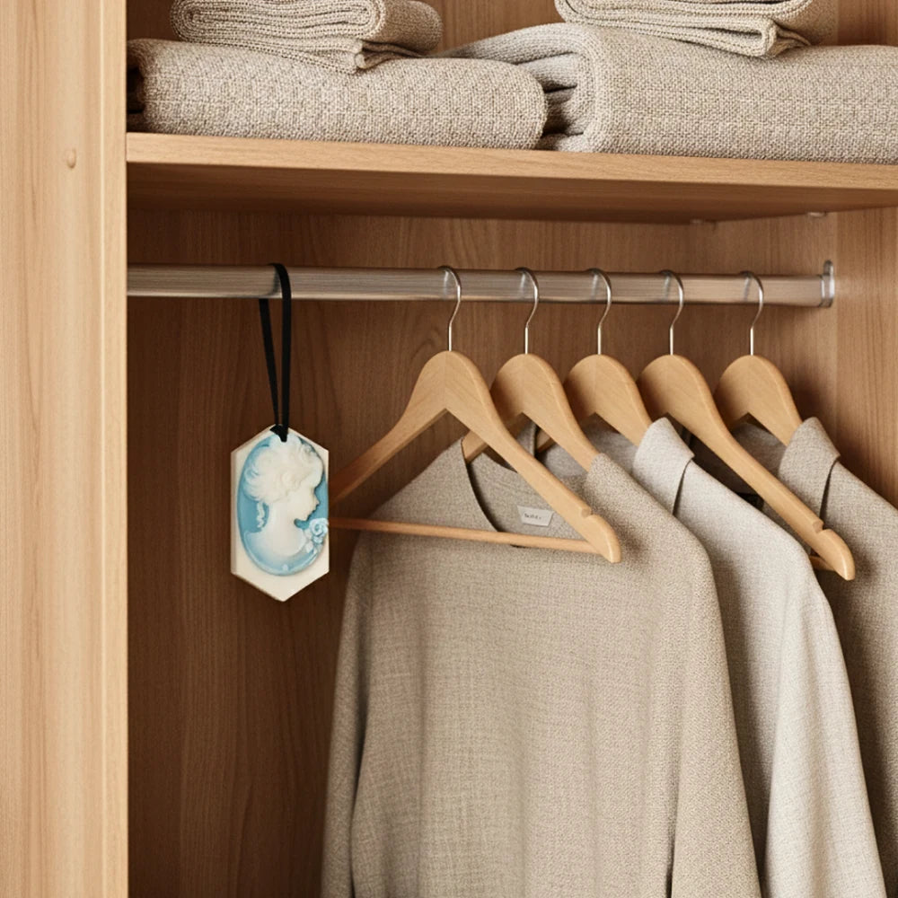 suspension parfumée camée femme victorienne bleu et blanc dans une penderie